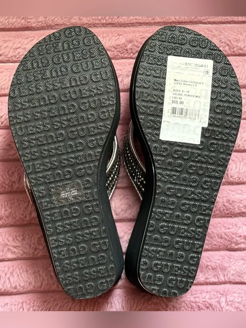 GUESS Pink Metallic Wedge Thong Sandals